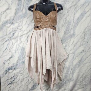 Dolls Kill Darker Wavs XXL Brown Vegan Leather Corset Handkerchief Gauze Dress